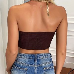 Brown Twist Crop Halter Top w/ Chain